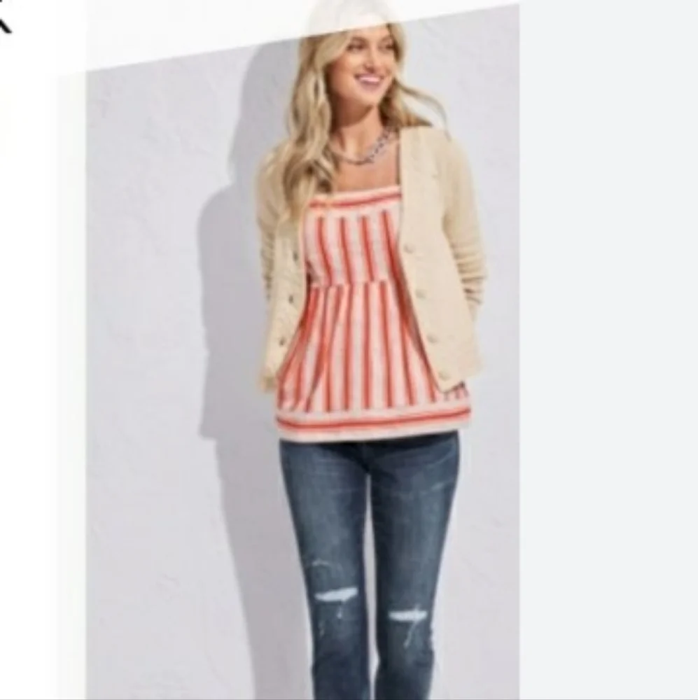 Cabi Brunch Top Sleeveless Cream Orange Stripe Cotton Linen Womens Size Small - Picture 2 of 13